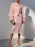 Women Pink Lace Bow Crew Neck Long Sleeve Bell Sleeve Two-Piece Dress