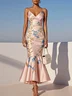 Pink Floral Satin Spaghetti Gallus Mermaid Midi Dress