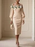 Apricot Applique Floral Classic Crew Neck Long Sleeve Balloon Sleeve Sheath Midi Dress