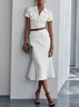 White Buckle Pocket Stitching Shirt Dress Shirt Collar Short Sleeve Mermaid Midi Dress