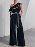 Women Black Piping Ruffled One Shoulder Sleeveless Urban Jumpsuit
