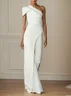Women White Ruched One Shoulder Short Sleeve Regular Sleeve Dressy Jumpsuit