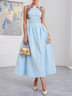 Light Blue Cotton Lyocell Floral Embroidery Ruched Classic Crew Neck Sleeveless A-Line Midi Dress