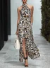 Khaki Slit Classic Mock Neck Sleeveless A-Line Halter Maxi Dress