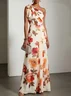 Orange Red Bow Floral Classic One Shoulder Sleeveless A-Line Maxi Dress