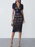 Purplish blue Organza Plaid Classic V Neck Short Sleeve Sheath Midi Dress