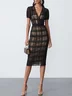 Black Organza Plaid Classic V Neck Short Sleeve Sheath Midi Dress