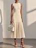 Beige Asymmetric Knit Crew Neck Sleeveless A-Line Midi Dress