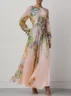 Pink Floral Ruched Chiffon Crew Neck Long Sleeve Puff Sleeve A-Line Maxi Dress
