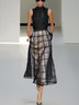 Black Organza Plaid Classic Mock Neck Sleeveless A-Line Midi Dress
