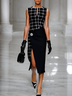 Black Slit Metal Tweed Crew Neck Sleeveless Sheath Midi Dress