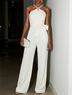 Women White Pleated Rhinestone Halter Sleeveless Dressy Jumpsuit