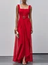 Red Buckle Ruched Chiffon Square Neck Sleeveless A-Line Maxi Dress