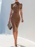 Brown Bow Cut Out Knit Crew Neck Short Sleeve Regular Sleeve Sheath Midi Dress