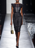 Black Printing Slit Satin Crew Neck Cap Sleeve Ruffle Sleeve Sheath Midi Dress
