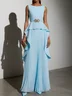 Light Blue Metal Pleated Classic Boat Neck Sleeveless A-Line Maxi Dress