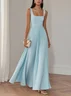 Light Blue Pleated Square Neck Sleeveless A-Line Maxi Dress