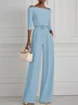 Women Light Blue Off The Shoulder Half Sleeve Dressy Jumpsuit