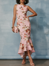 Pink Floral Floral Classic Crew Neck Sleeveless Mermaid Midi Dress