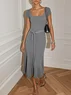 Deep Gray Knit U-Neck Short Sleeve Bell Sleeve Mermaid Midi Dress