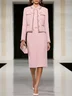 Women Pink Piping Buckle Crew Neck Long Sleeve Dressy Coat With Skirt Two-Piece Set