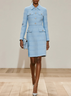 Light Blue Buckle Pocket Stitching Tweed Shawl Collar Long Sleeve Sheath Mini Dress