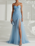 Light Blue Ruched Slit Chiffon Strapless Sleeveless Sheath Gown Dress