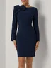 Purplish blue 3D Floral Ruched Classic Boat Neck Long Sleeve Sheath Midi Dress