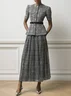 Women Gray Buckle Crew Neck Long Sleeve Dressy Coat With Skirt Two-Piece Set