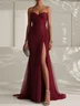 Wine Red Ruched Slit Tulle Strapless Sleeveless Sheath Gown Dress