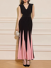 Black Pink Color Block Ruched Slit Lace V Neck Sleeveless Mermaid Maxi Dress