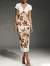 Khaki Floral Classic V Neck Short Sleeve Sheath Midi Dress