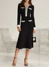 Black Stitching Lace Pocket Stitching Knit Crew Neck Long Sleeve Mermaid Midi Dress
