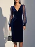 Navy Blue Mesh Imitation Pearls Velvet V Neck Long Sleeve Balloon Sleeve Sheath Midi Dress