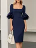 Navy Blue Mesh Classic Square Neck Half Sleeve Bell Sleeve Sheath Midi Dress