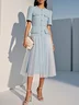 Light Blue Braided Strap Mesh Tweed Crew Neck Short Sleeve A-Line Midi Dress