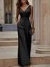Women Black Lace V Neck Sleeveless Dressy Jumpsuit With Pockets