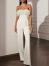 Women White Feather-trimmed Strapless Sleeveless Dressy Jumpsuit