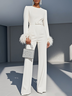 Women White Feather-trimmed Crew Neck Long Sleeve Dressy Jumpsuit