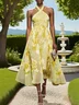 Yellow Floral Jacquard Chiffon Halter Sleeveless A-Line Midi Dress