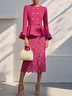 Women Rose Red Buckle Lace Crew Neck Long Sleeve Bell Sleeve Dressy Coat With Skirt Two-Piece Set