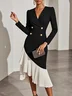 Black Irregular Craftsmanship Pleated Blazer V Neck Long Sleeve Sheath Midi Dress