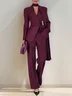 Women Wine Red Buckle Shoulder Pad Lapel Collar Long Sleeve Dressy Coat With Pants Two-Piece Set