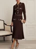 Red Brown Piping Buckle Sweater Shawl Collar Long Sleeve A-Line Midi Dress