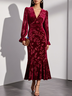 Wine Red Embossed Velvet V Neck Long Sleeve Bell Sleeve Mermaid Midi Dress