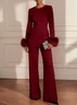 Women Burgundy Buckle Feather-trimmed Crew Neck Long Sleeve Dressy Top With Pants Two-Piece Set