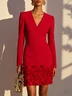 Red 3D Floral Classic V Neck Long Sleeve Sheath Mini Dress