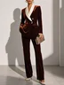 Women Brown Velvet Buckle Shawl Collar Long Sleeve Dressy Coat With Pants Two-Piece Set