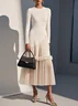 White Pleated Ruffled Knit Crew Neck Long Sleeve A-Line Midi Dress