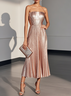 Rose Gold Pleated Satin Strapless Sleeveless A-Line Midi Dress